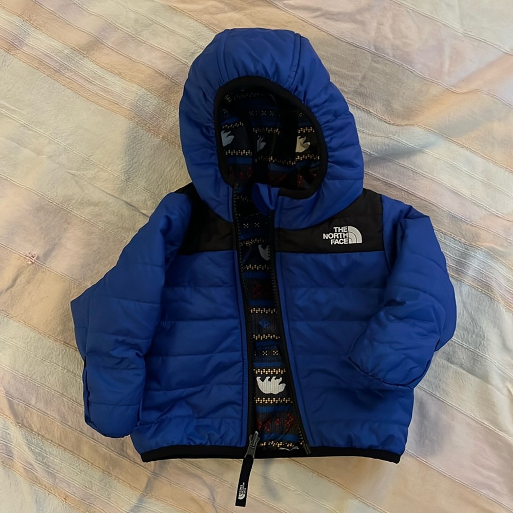 North Face 12 months blue zip up puffy jacket